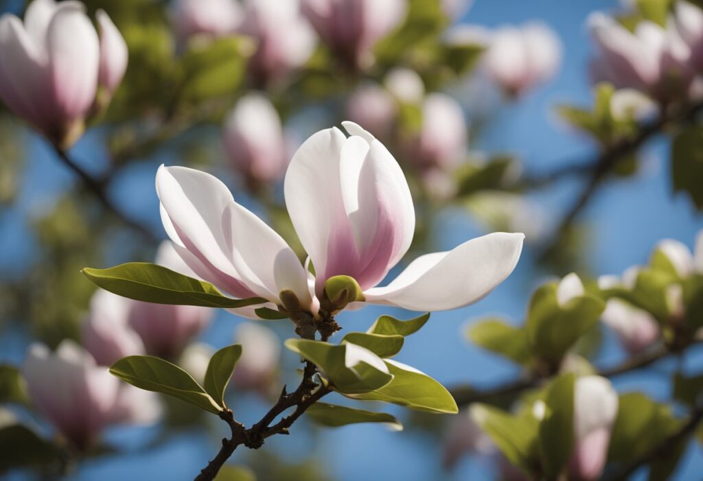 Close-up of blooming magnolia flowers against blue sky.