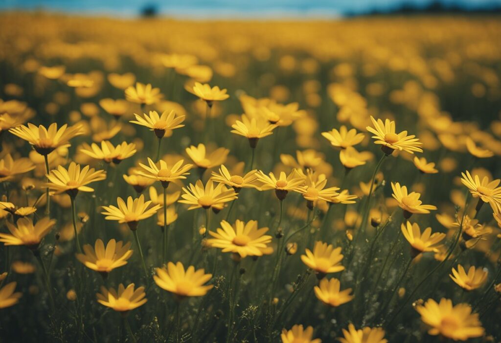 Vibrant yellow daisy field under a clear blue sky.