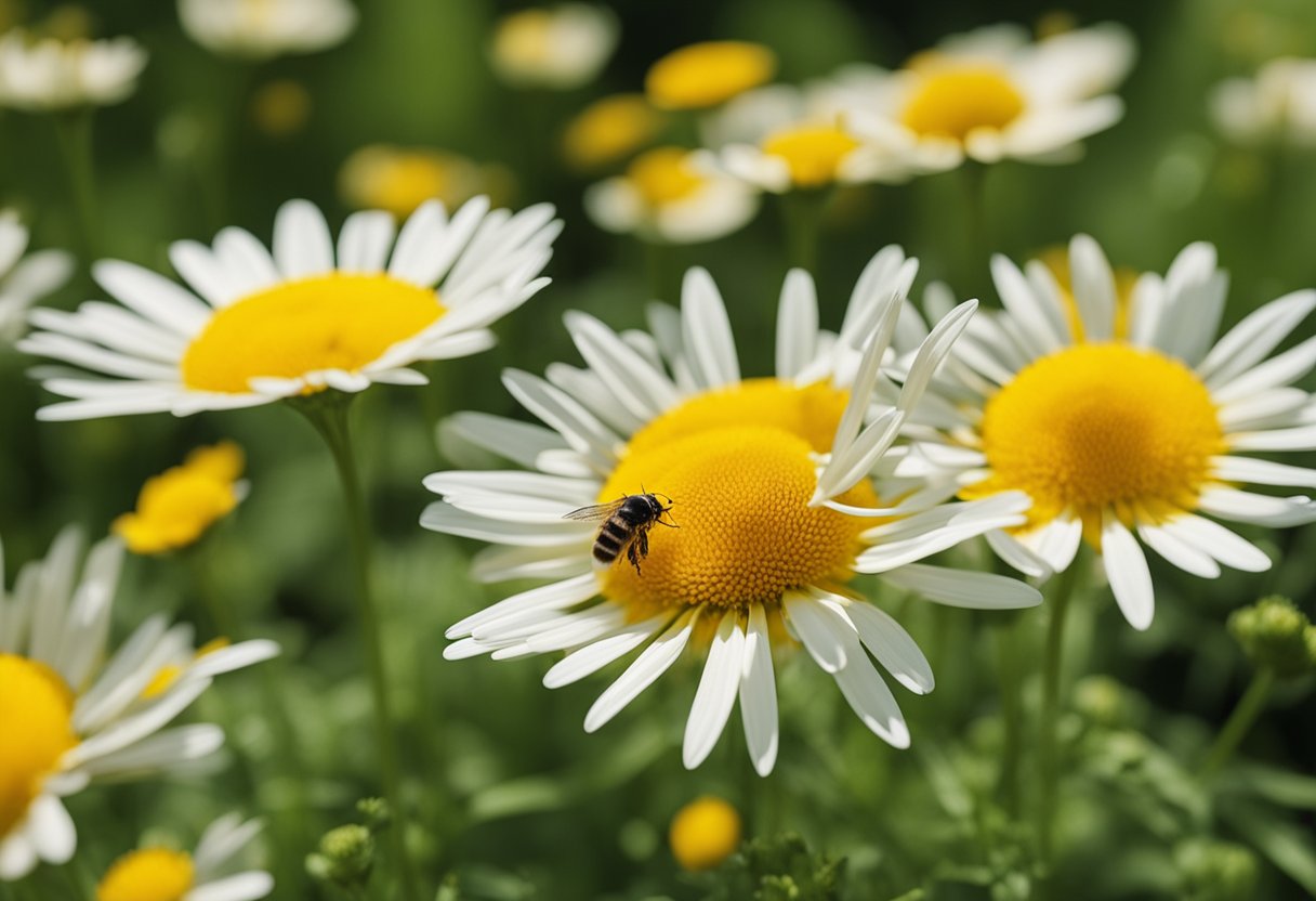 Bee pollinating vibrant white daisy flowers.