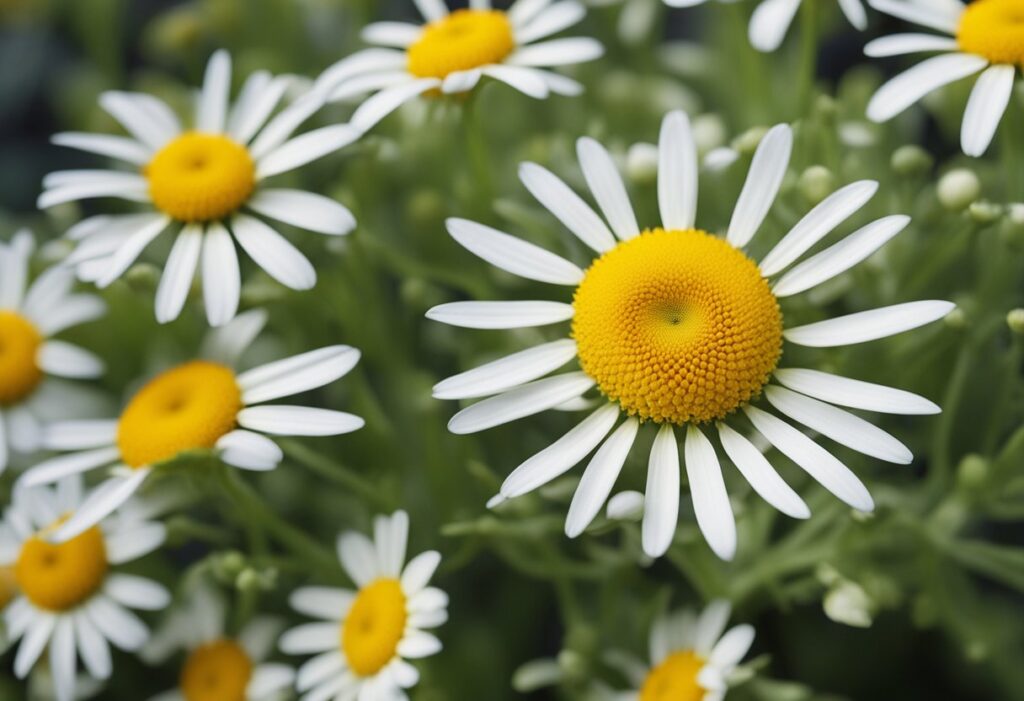 Close-up of vibrant white and yellow daisies.