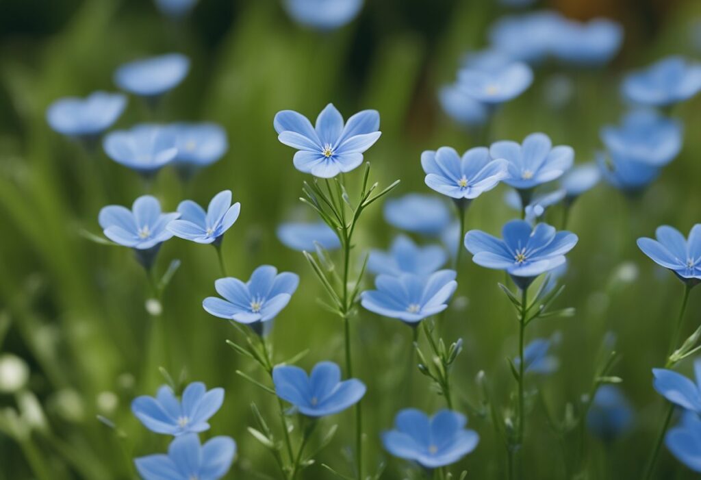 Close-up of vibrant blue flax flowers in bloom.