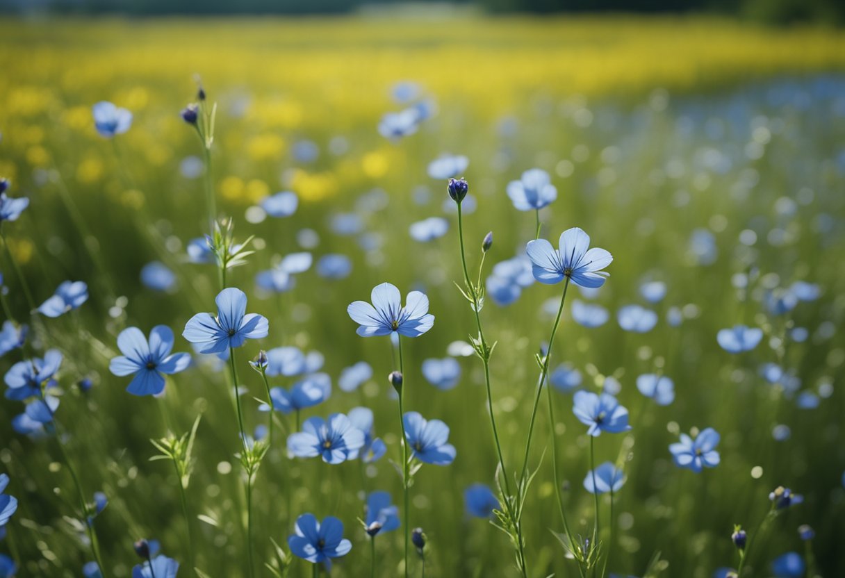 Vibrant blue flax flowers in sunny meadow.