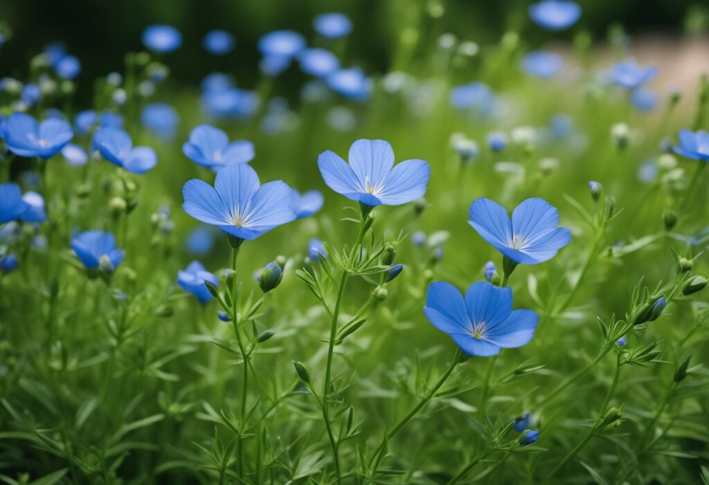 Vibrant blue flax flowers blooming in lush garden.