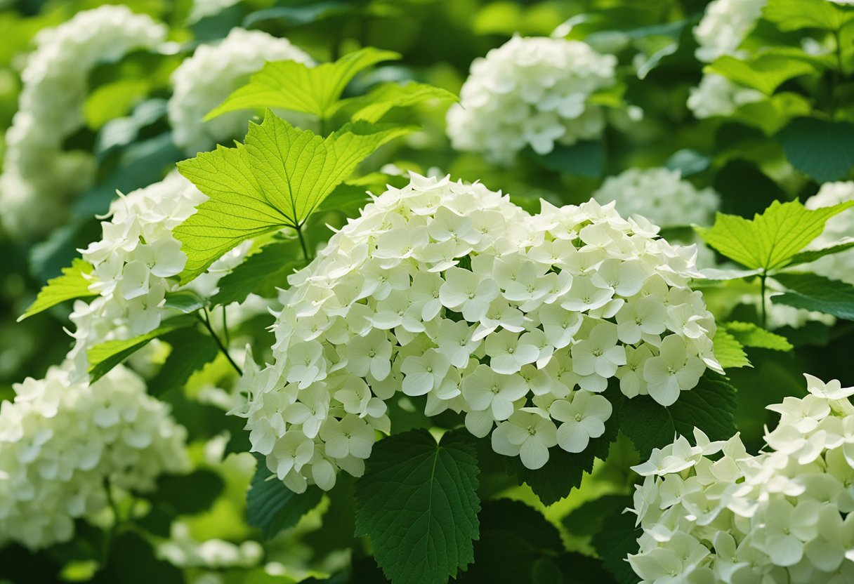 Vibrant white hydrangea blooms amid lush green leaves.