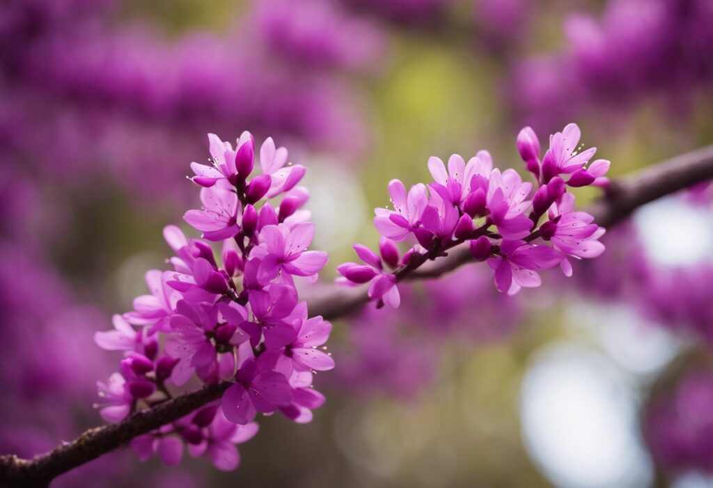 Vibrant purple redbud blossoms close-up in springtime.