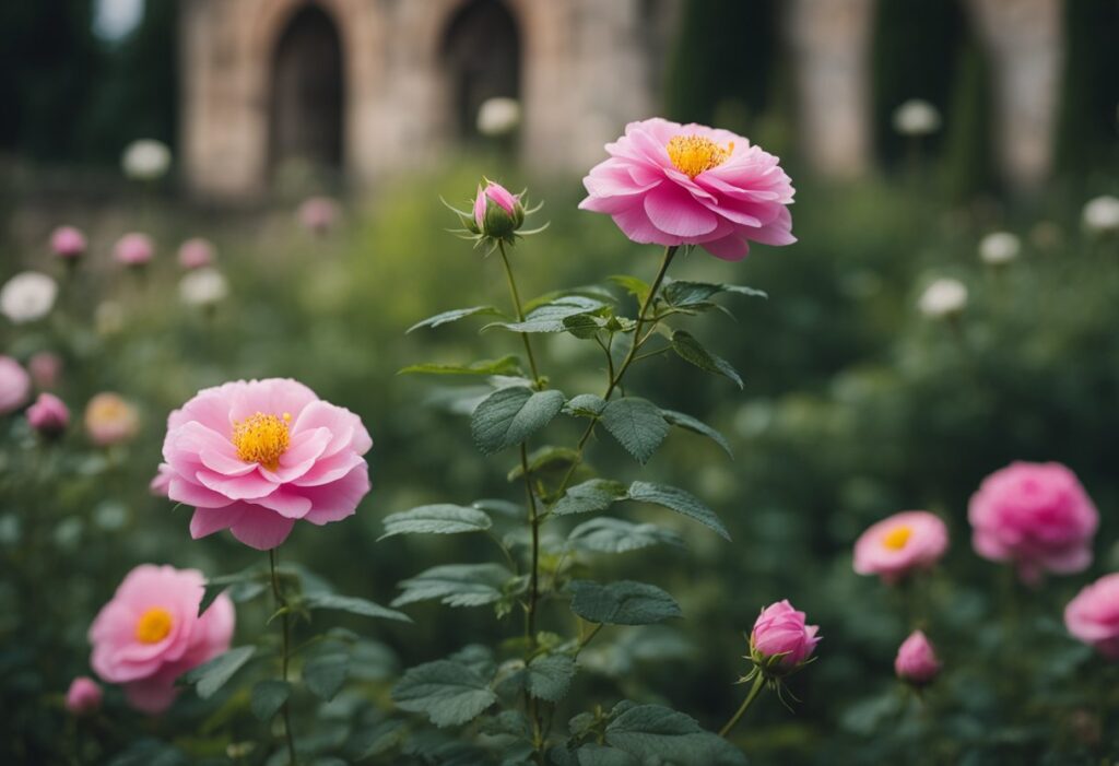 Pink peonies blooming in a lush garden.