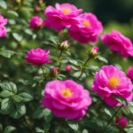 Bright pink roses blooming in lush garden.