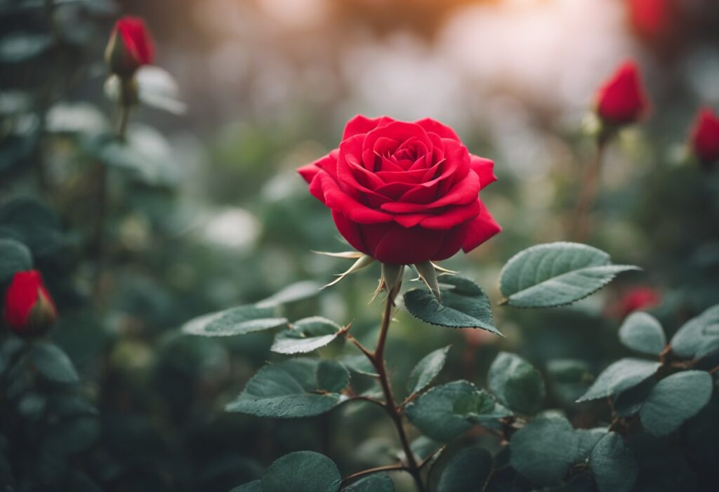 Vibrant red rose in soft-focus garden setting.
