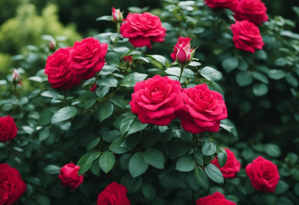 Vibrant red roses blooming in lush garden.