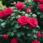 Vibrant red roses blooming in lush garden.