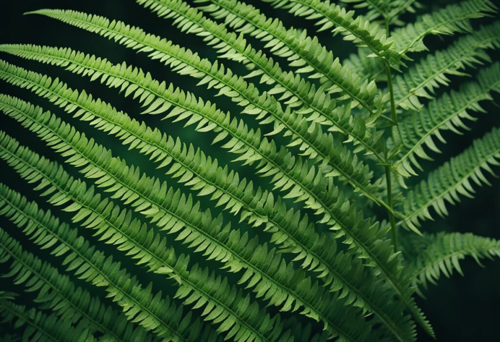 Detailed green fern leaves on dark background.