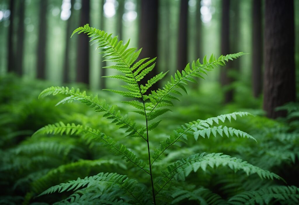 Lush green fern in misty forest.
