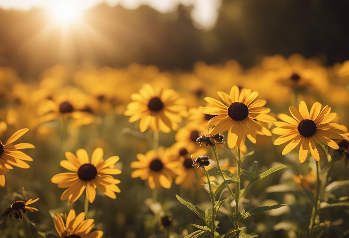 Sunlit field of yellow flowers with bees, serene sunset.