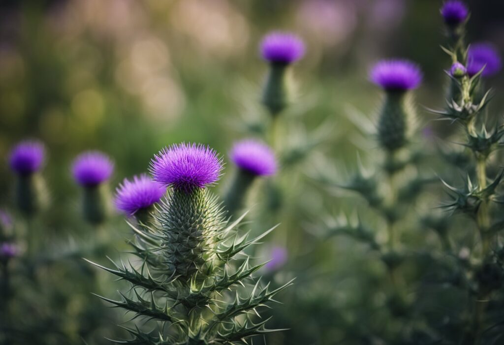Vibrant purple thistles blooming in a lush, green field.