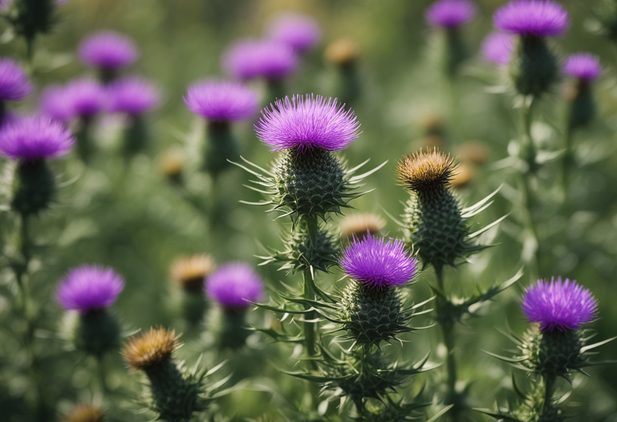 Close-up of purple thistle flowers in bloom.