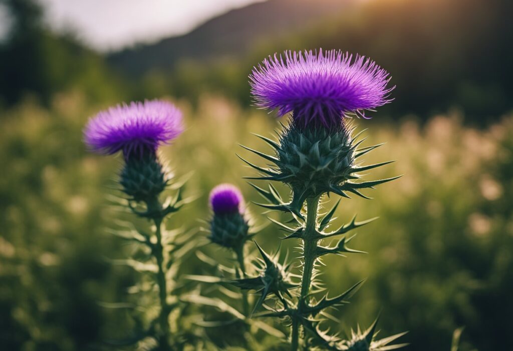 Vibrant purple thistle flowers bathed in sunset light.
