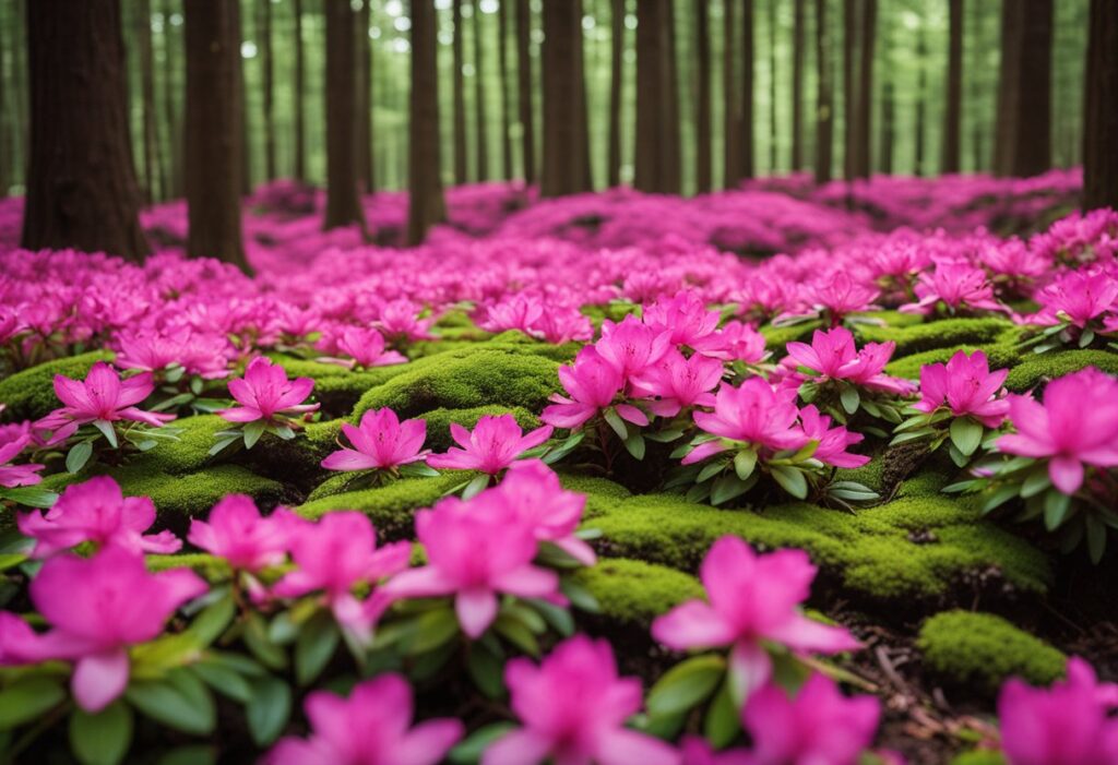 Vibrant pink azaleas blooming in a lush forest.