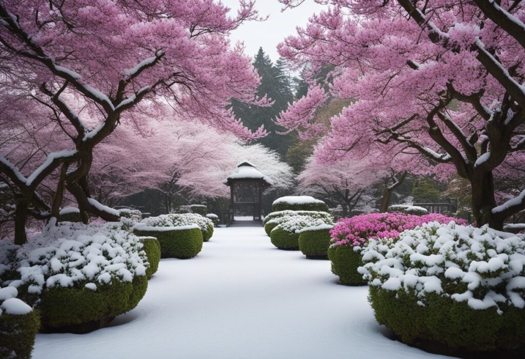 Snow-covered garden with blooming pink cherry blossoms.