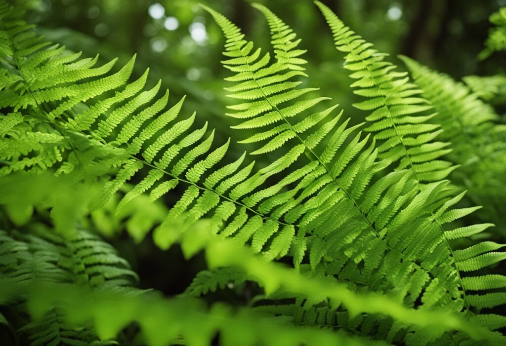 Vivid green ferns in lush forest setting.