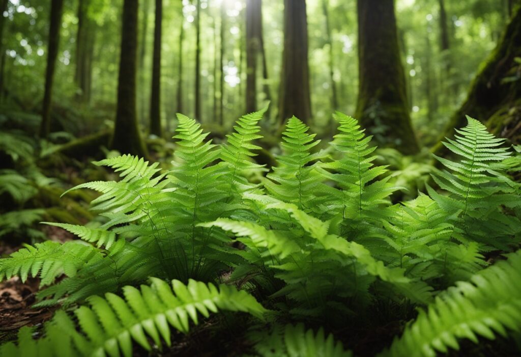 Vibrant green ferns thriving in misty forest.
