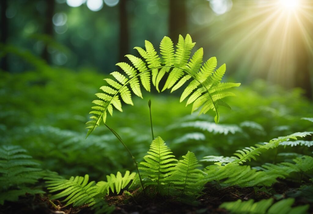 Sunlit ferns in lush forest, vibrant greenery.