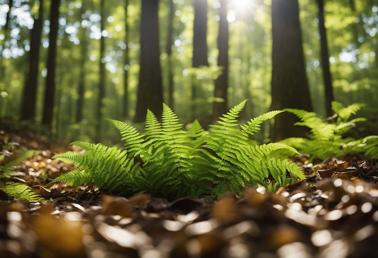 Sunlit ferns in a lush, green forest.