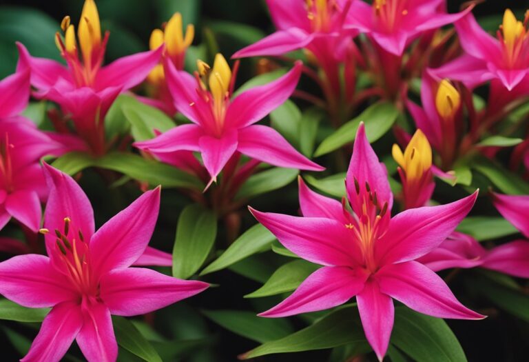 Vibrant pink lilies blooming in lush garden.