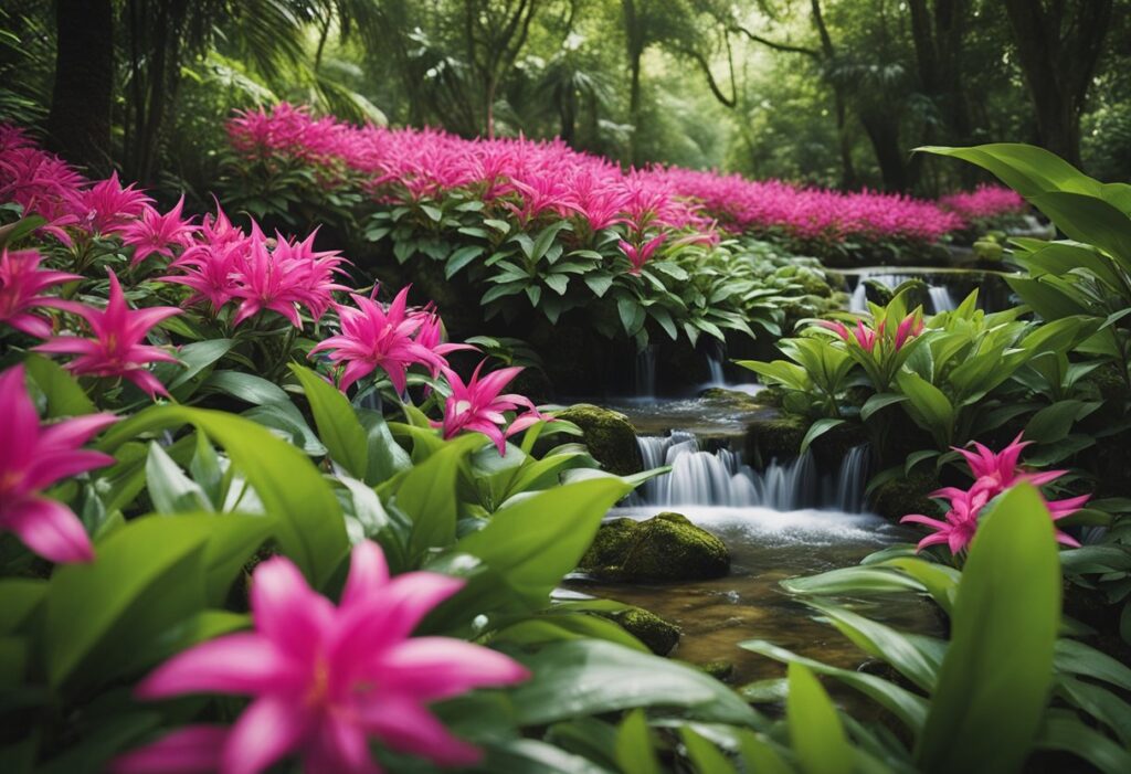 Vibrant pink flowers beside tranquil forest stream.