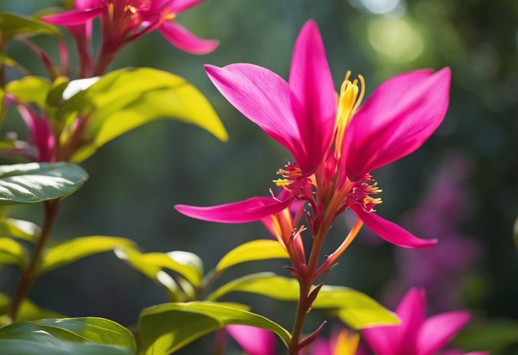 Vibrant pink lilies with sunlit green leaves.