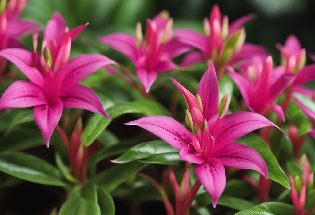 Vibrant pink lilies blooming in lush garden.