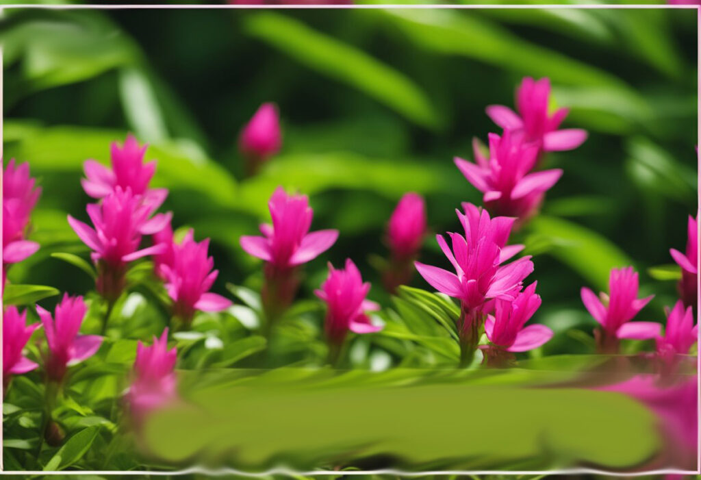 Vibrant pink flowers blooming, lush green leaves background.