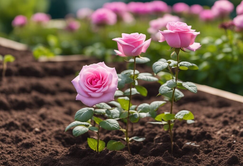 Pink roses blooming in garden soil.