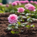 Pink roses blooming in garden soil.