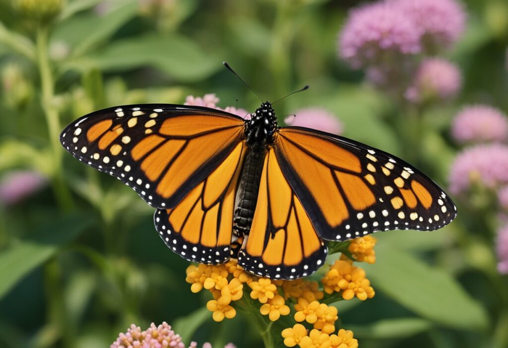 Monarch butterfly on yellow and pink flowers.
