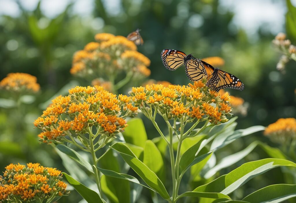 Monarch butterflies on vibrant orange milkweed flowers.