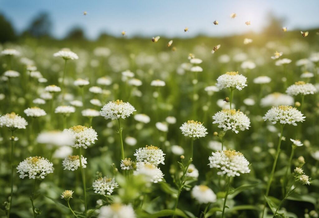 Sunny field of white flowers with hovering bees.