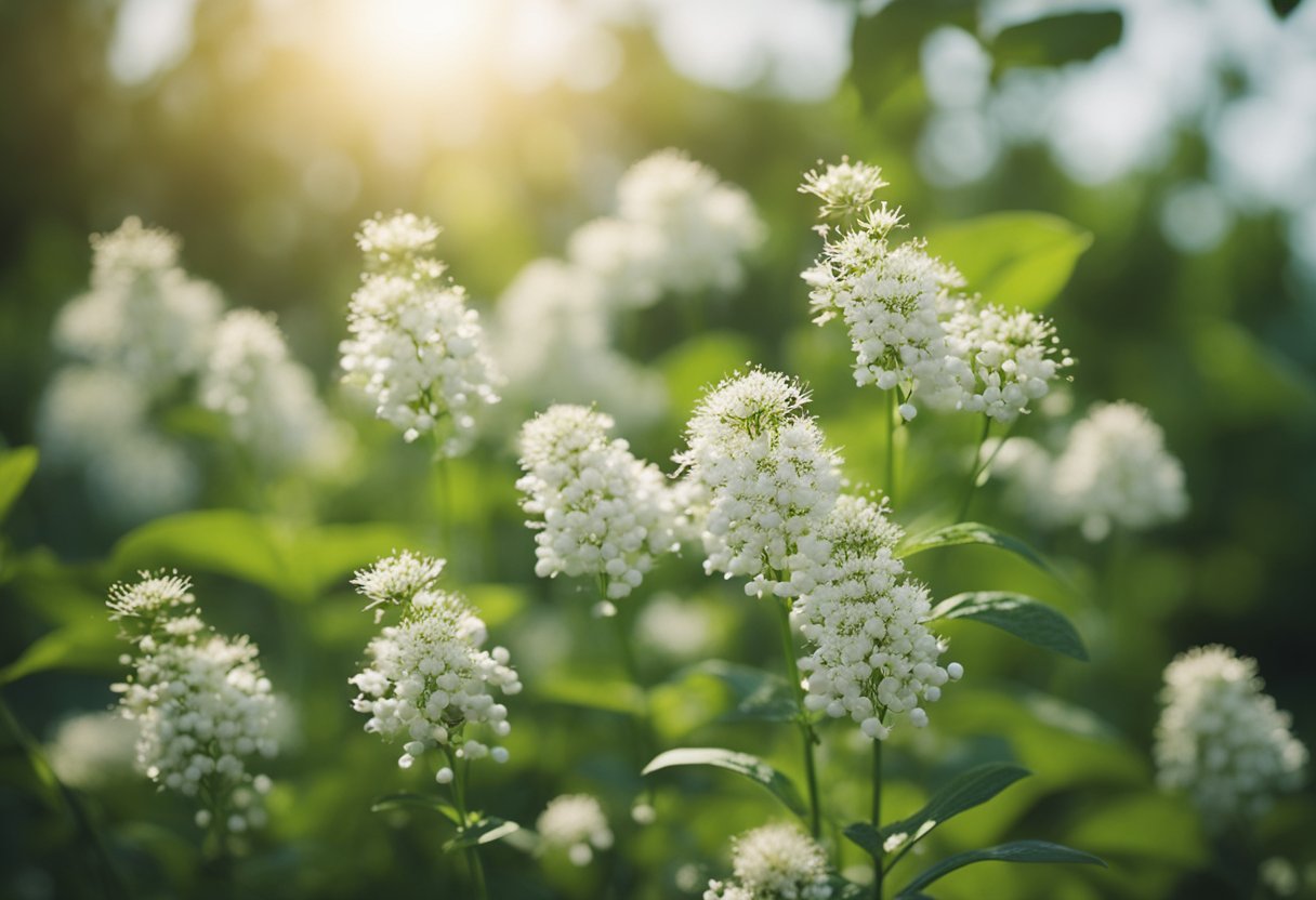 White flowers blooming in sunny, green garden.