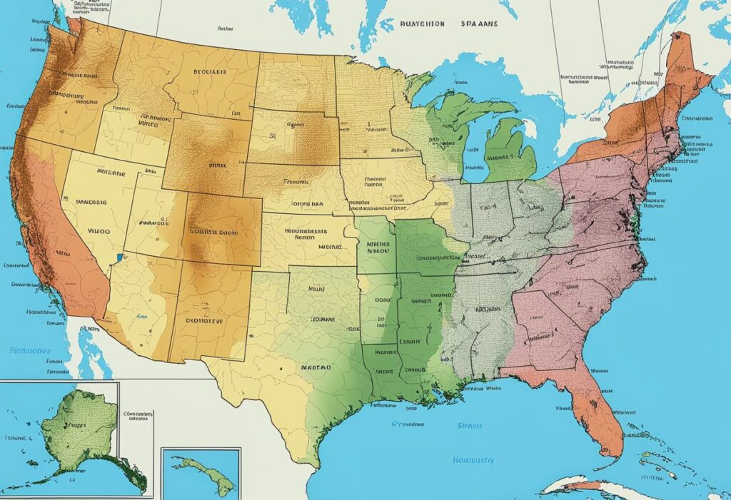 Colorful detailed map of the United States with state names.