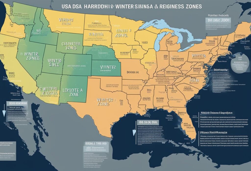 Colorful map showing fictional US winter and reign zones.