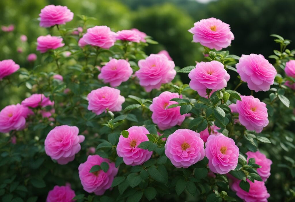 Vibrant pink roses blooming in lush garden.