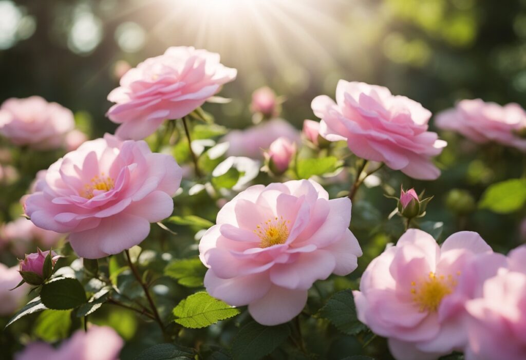 Pink roses basking in soft sunlight.