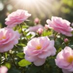 Pink roses basking in soft sunlight.