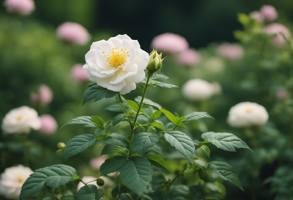 White rose with bud in lush garden.