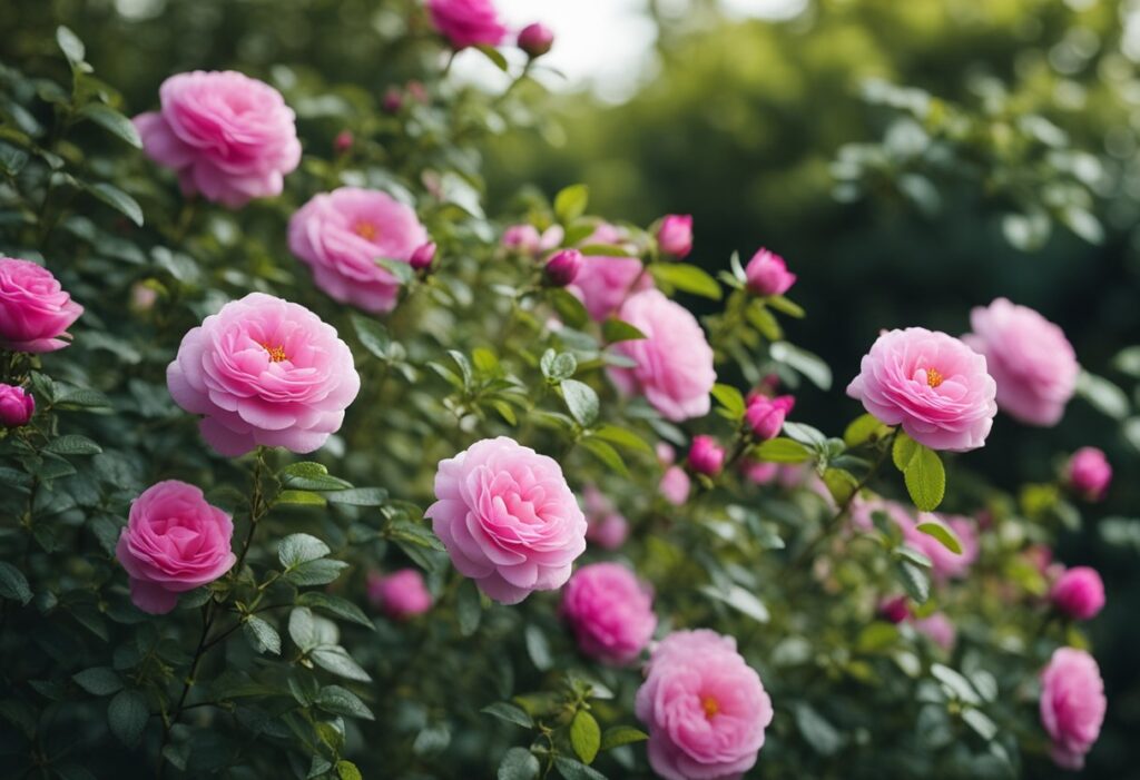 Pink roses blooming lushly in garden.