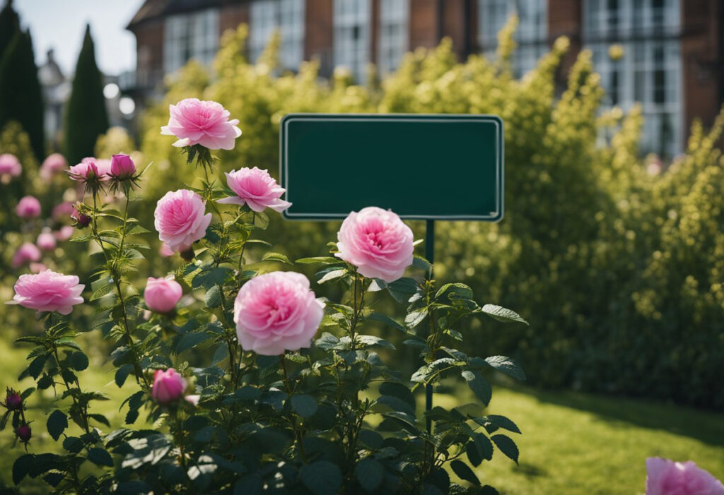 Pink roses with empty green sign in garden.