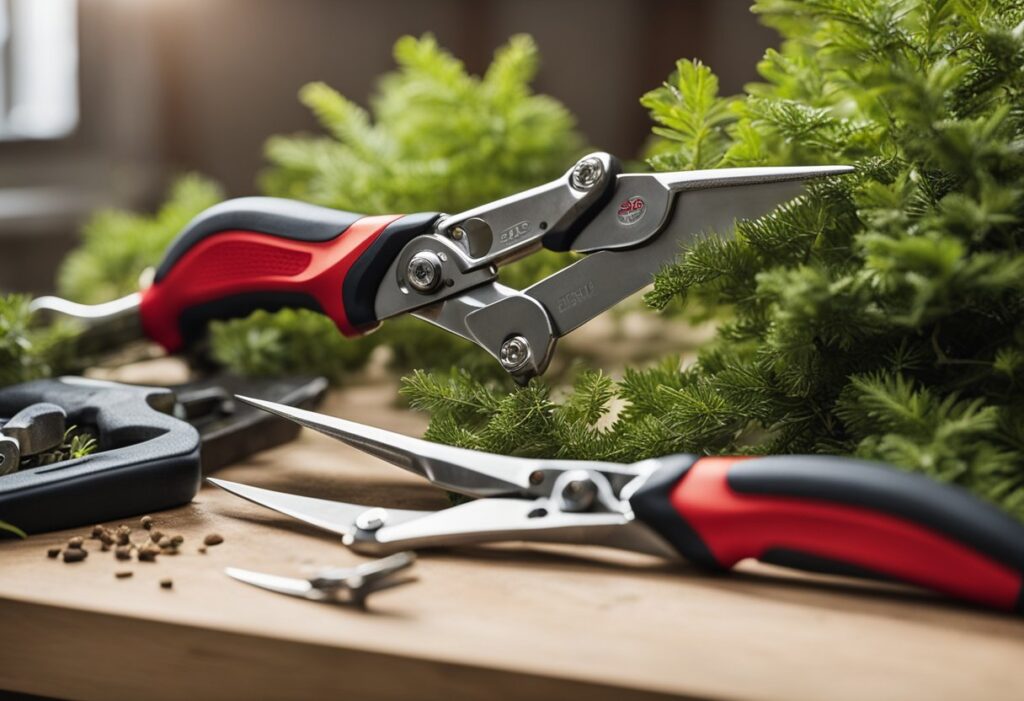 Pruning shears on wooden table next to foliage.