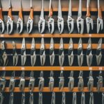 Assorted garden pruning shears displayed in a hardware store.