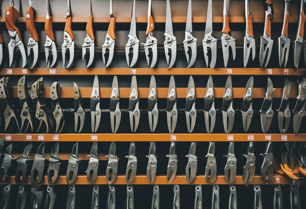 Assorted garden pruning shears displayed in a hardware store.