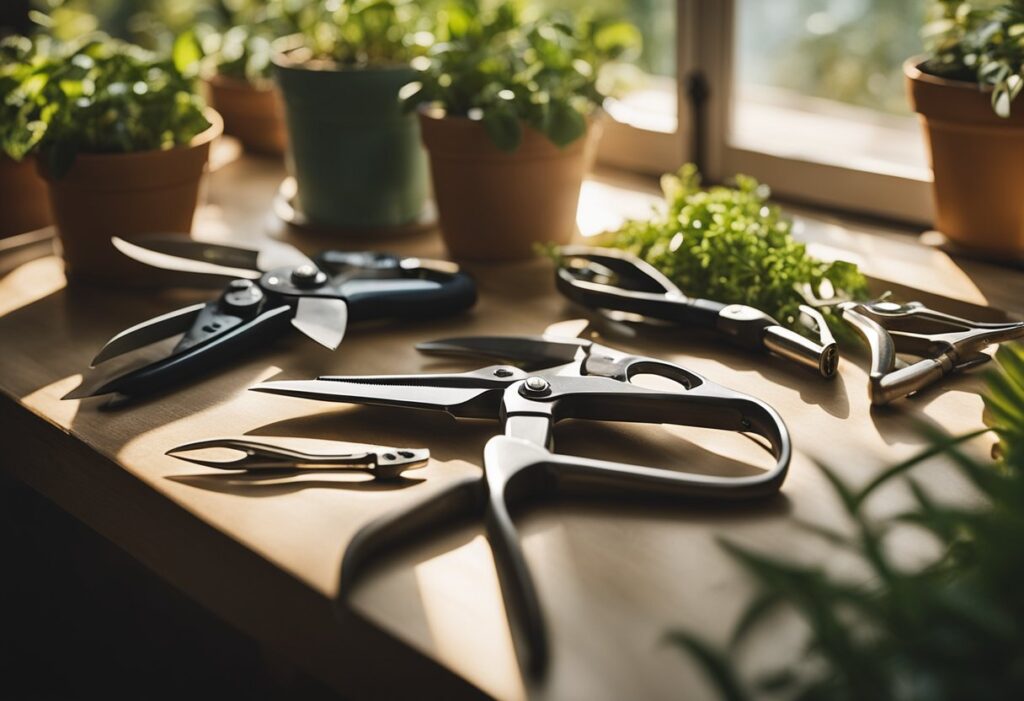 Gardening shears on table amidst potted plants.