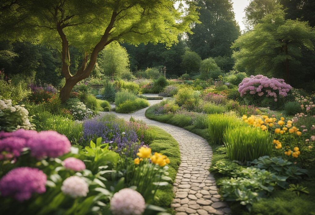 Serene garden pathway with vibrant flowers and lush greenery.